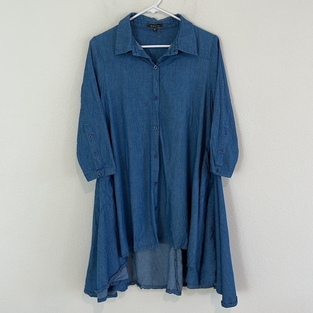 Gracia Chambray High Low Lagenlook Boho Button Down Tunic